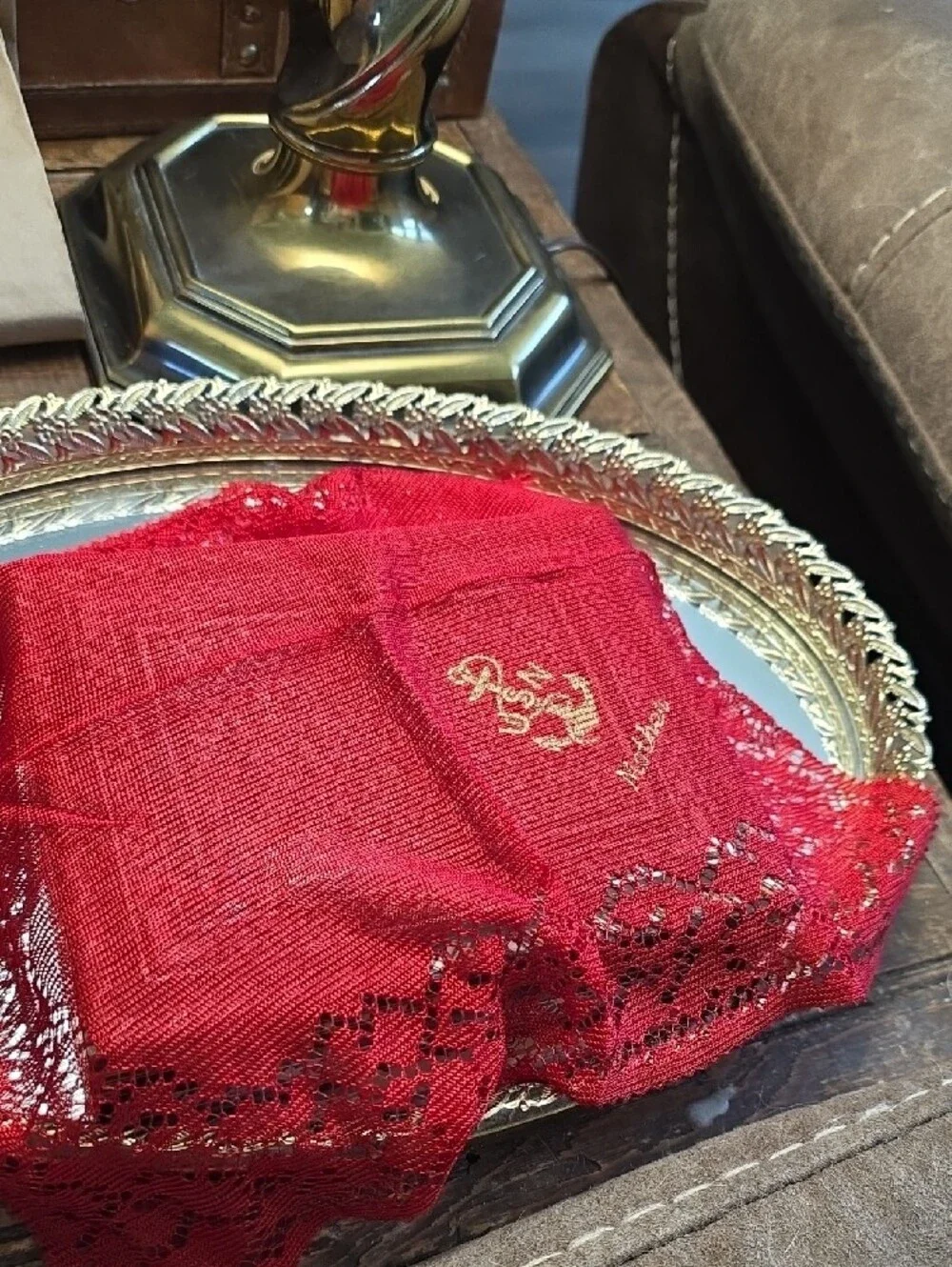 WWII USN Mother Embossed Red Lace Handkerchief